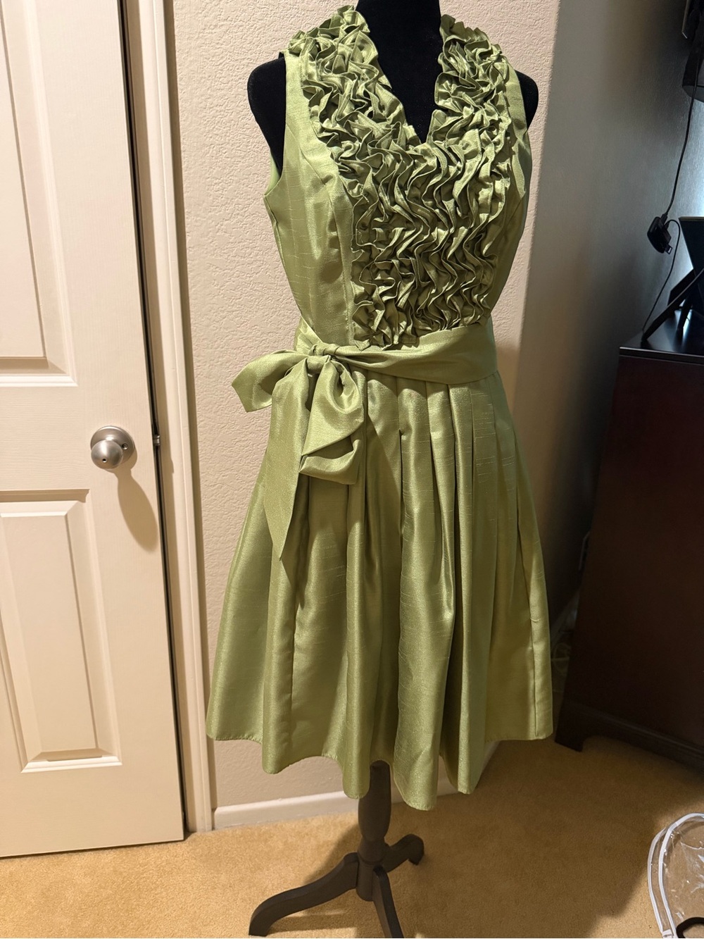 Eliza J Light Green Ruffled V-Neck Fit-and-Flare Dress